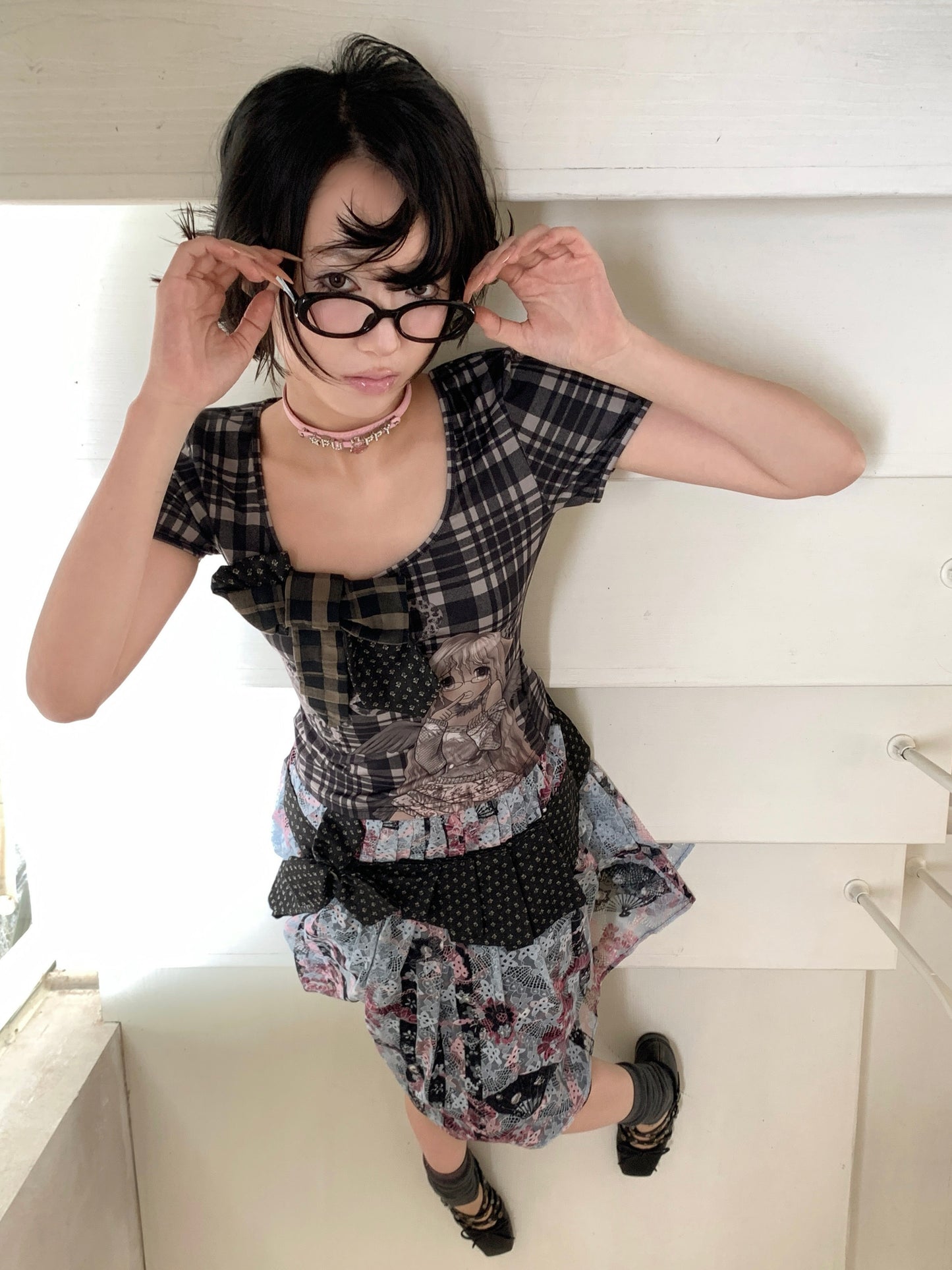 Patchwork Bow Cartoon Check T-Shirt【s0000018082】
