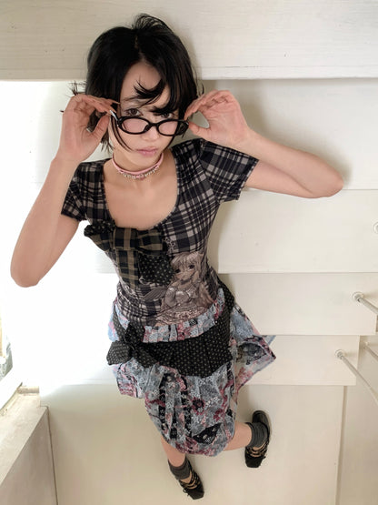 Patchwork Bow Cartoon Check T-Shirt【s0000018082】