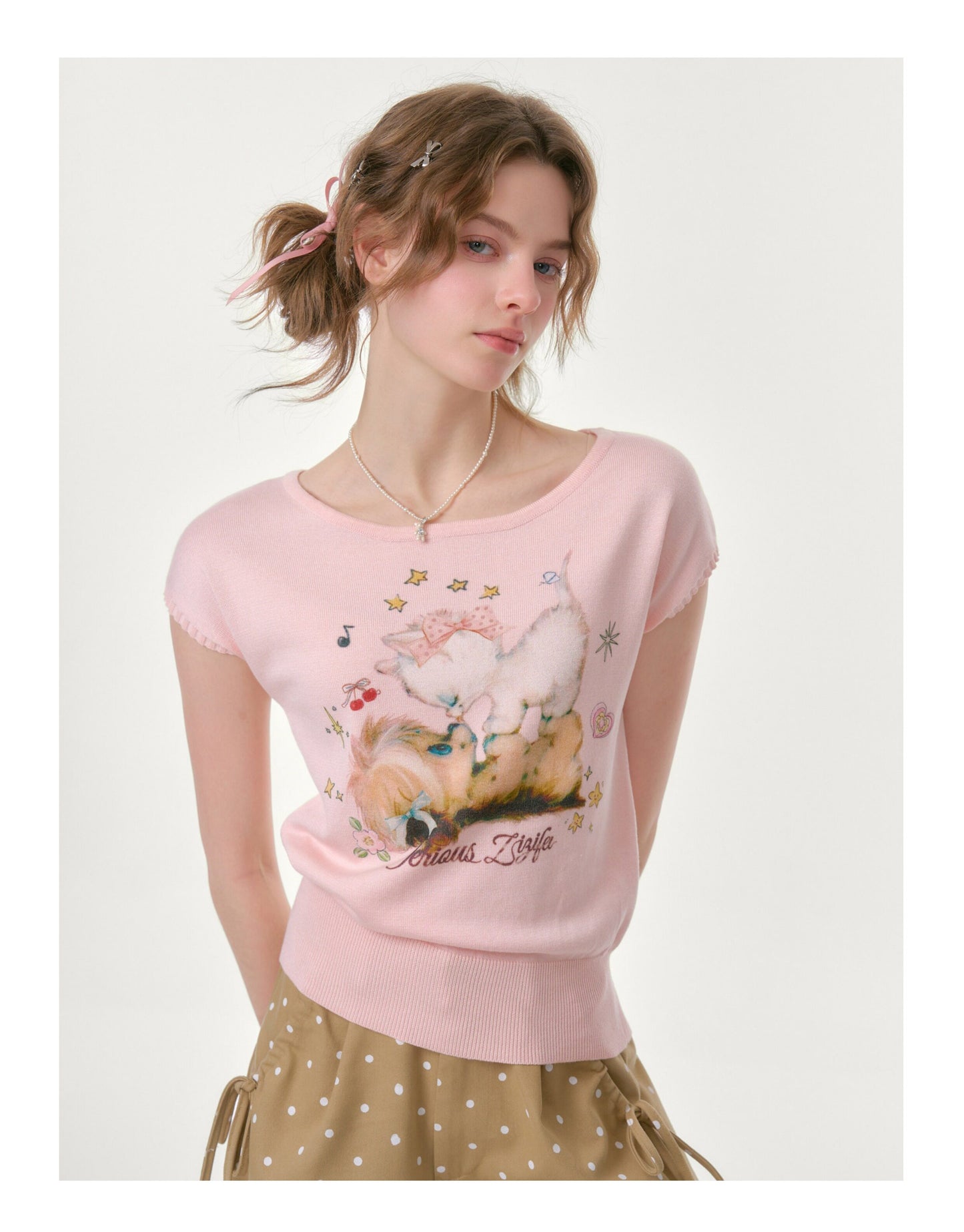 Printed Round Neck Knitted T-Shirt【s0000016620】
