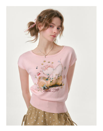 Printed Round Neck Knitted T-Shirt【s0000016620】