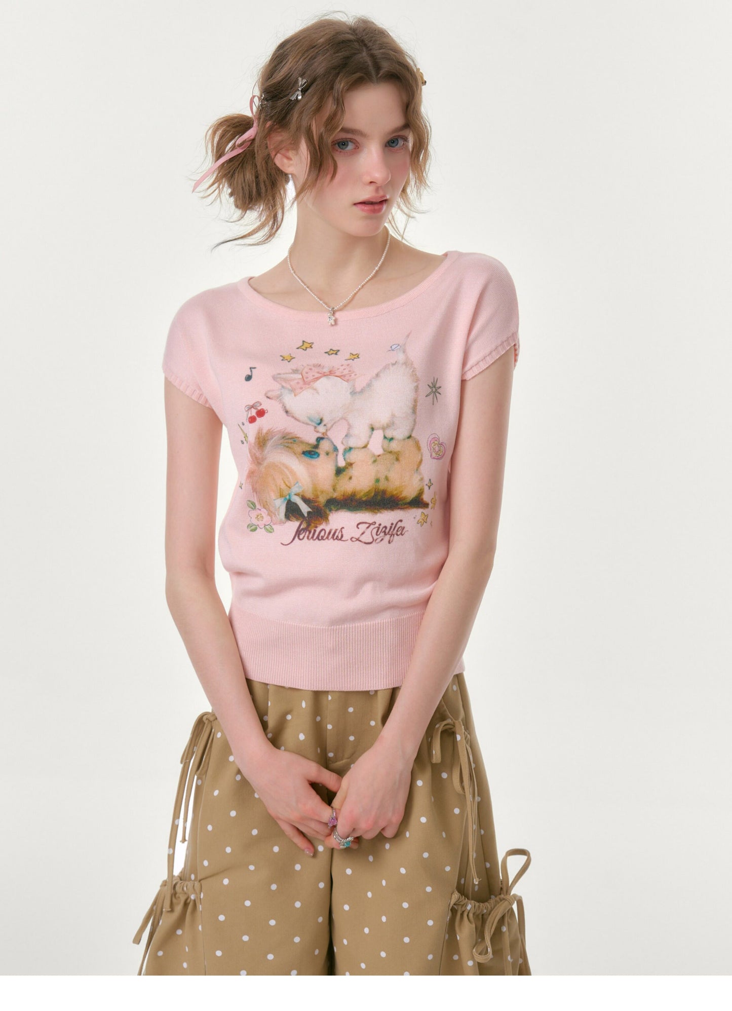 Printed Round Neck Knitted T-Shirt【s0000016620】