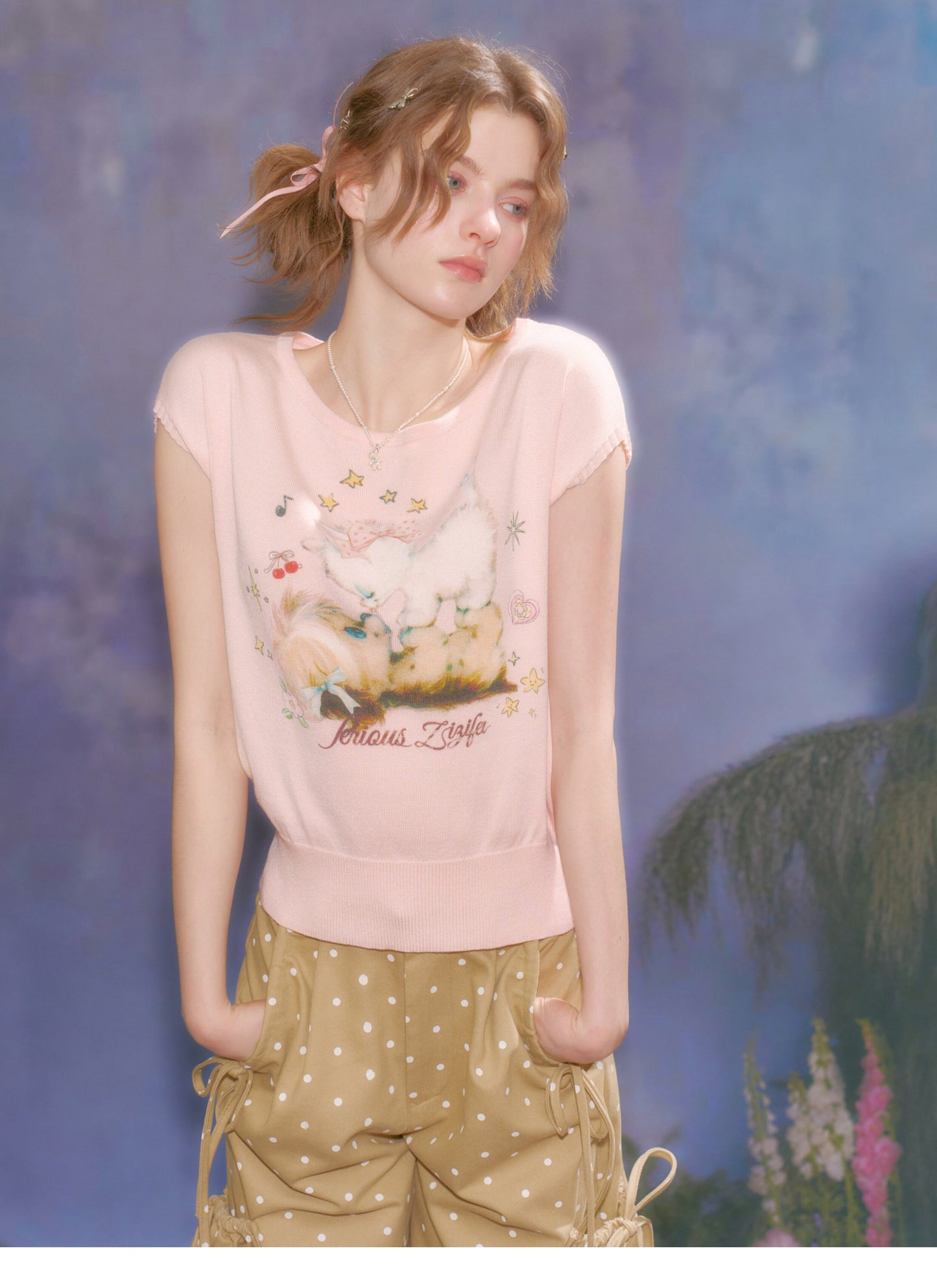 Printed Round Neck Knitted T-Shirt【s0000016620】