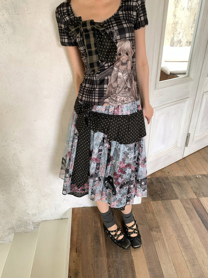 Patchwork Bow Cartoon Check T-Shirt【s0000018082】