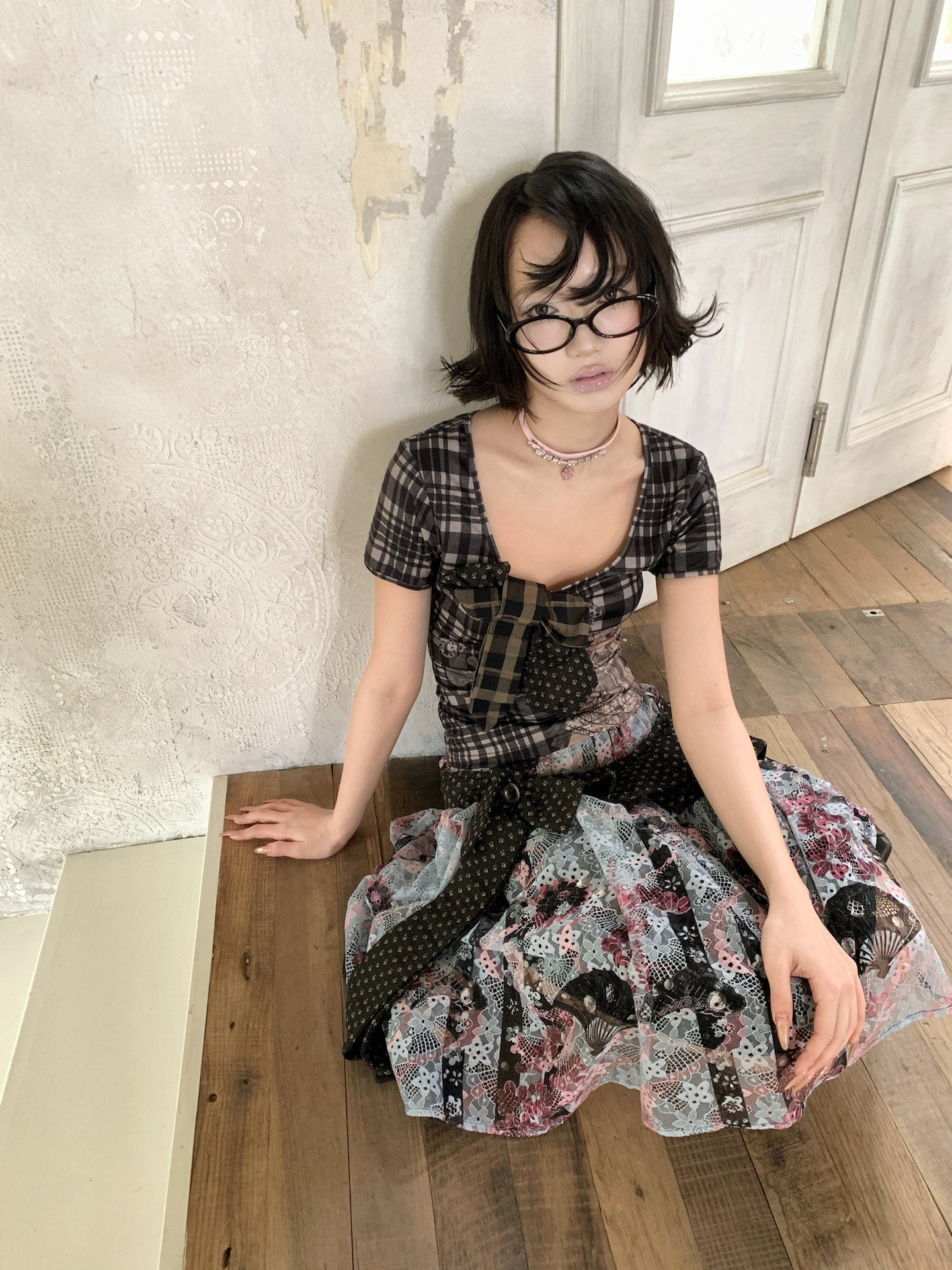 Patchwork Bow Cartoon Check T-Shirt【s0000018082】