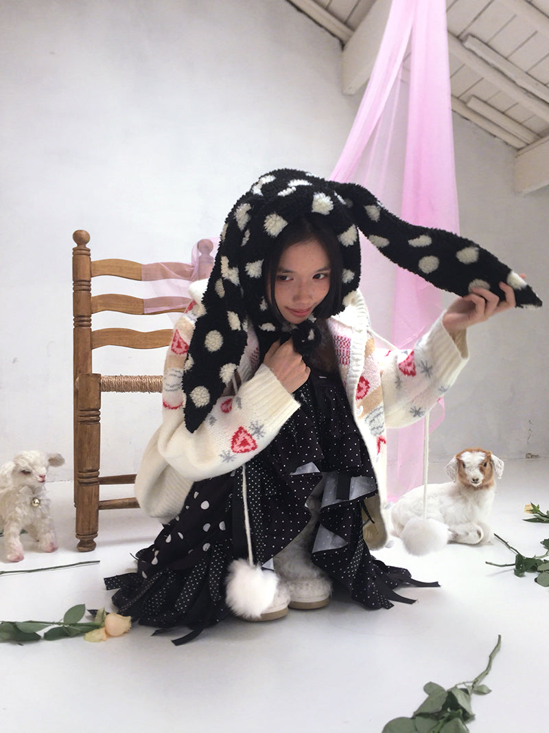Polka Dot Shearling Rabbit Ear Hat【s0000014528】