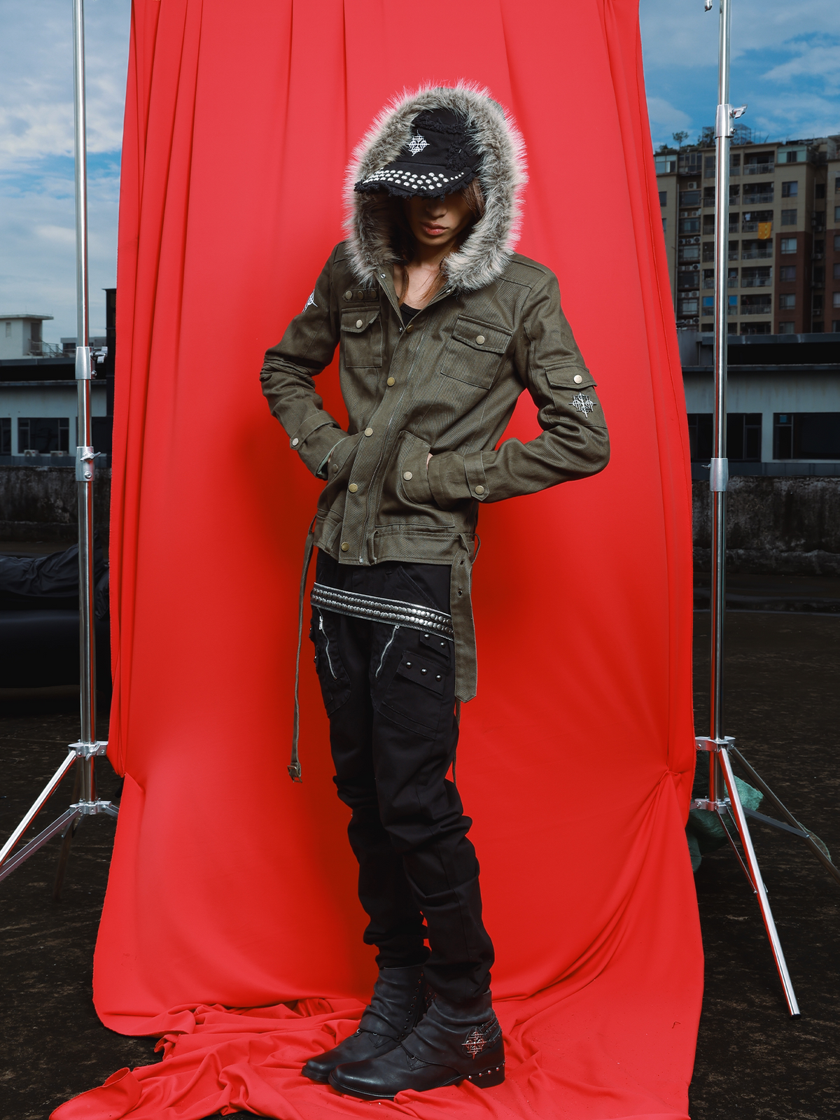Gray Green Twill Workwear Hooded Jacket【s0000019113】