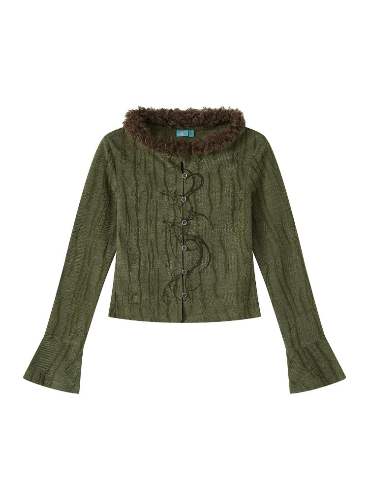 Fur Collar Graphic Print Cardigan【s0000011904】