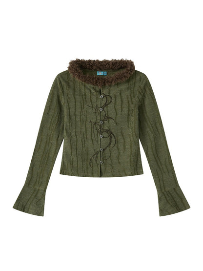 Fur Collar Graphic Print Cardigan【s0000011904】