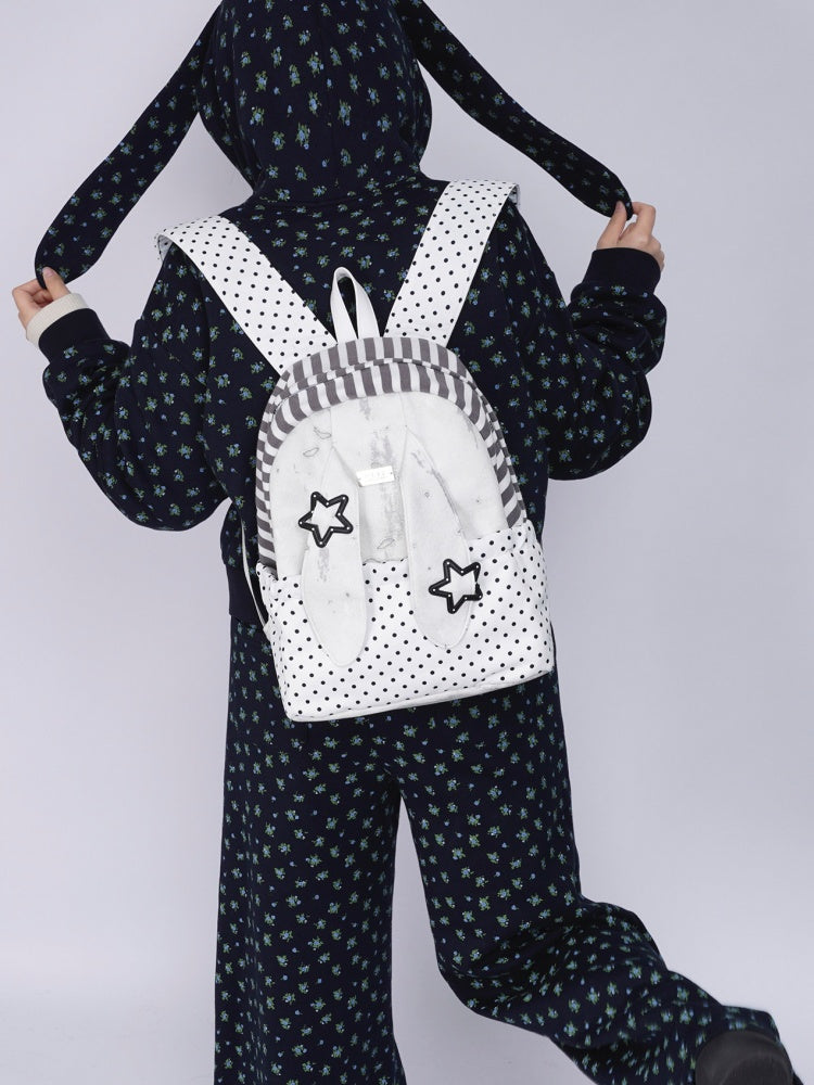 Rabbit Ear Dot Stripe Patchwork Backpack Schoolbag【s0000015975】
