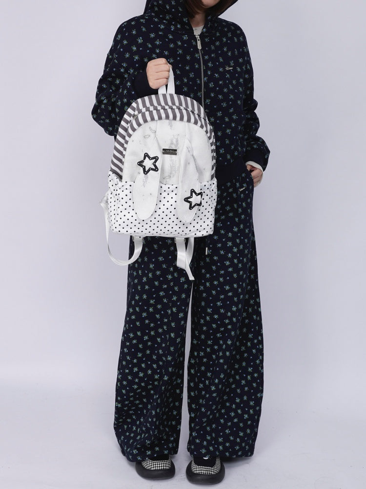 Rabbit Ear Dot Stripe Patchwork Backpack Schoolbag【s0000015975】