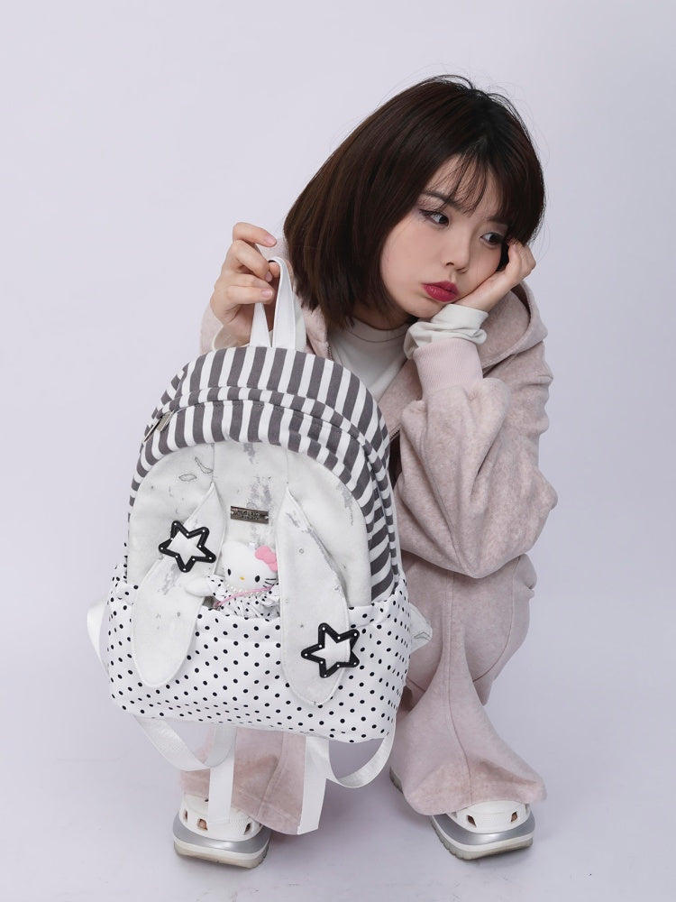 Rabbit Ear Dot Stripe Patchwork Backpack Schoolbag【s0000015975】