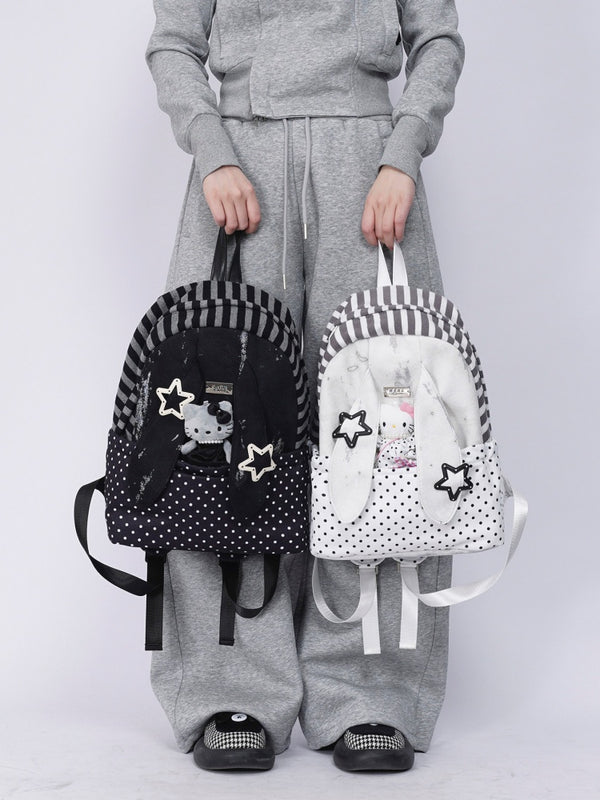 Rabbit Ear Dot Stripe Patchwork Backpack Schoolbag【s0000015975】