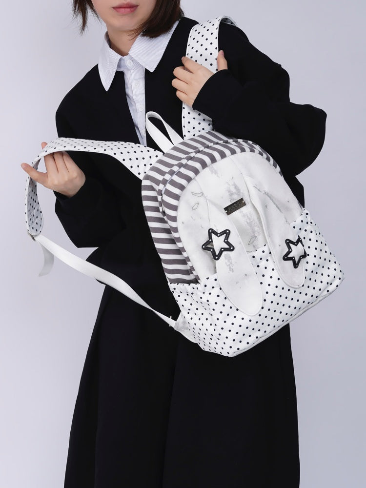 Rabbit Ear Dot Stripe Patchwork Backpack Schoolbag【s0000015975】