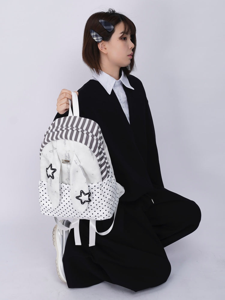 Rabbit Ear Dot Stripe Patchwork Backpack Schoolbag【s0000015975】