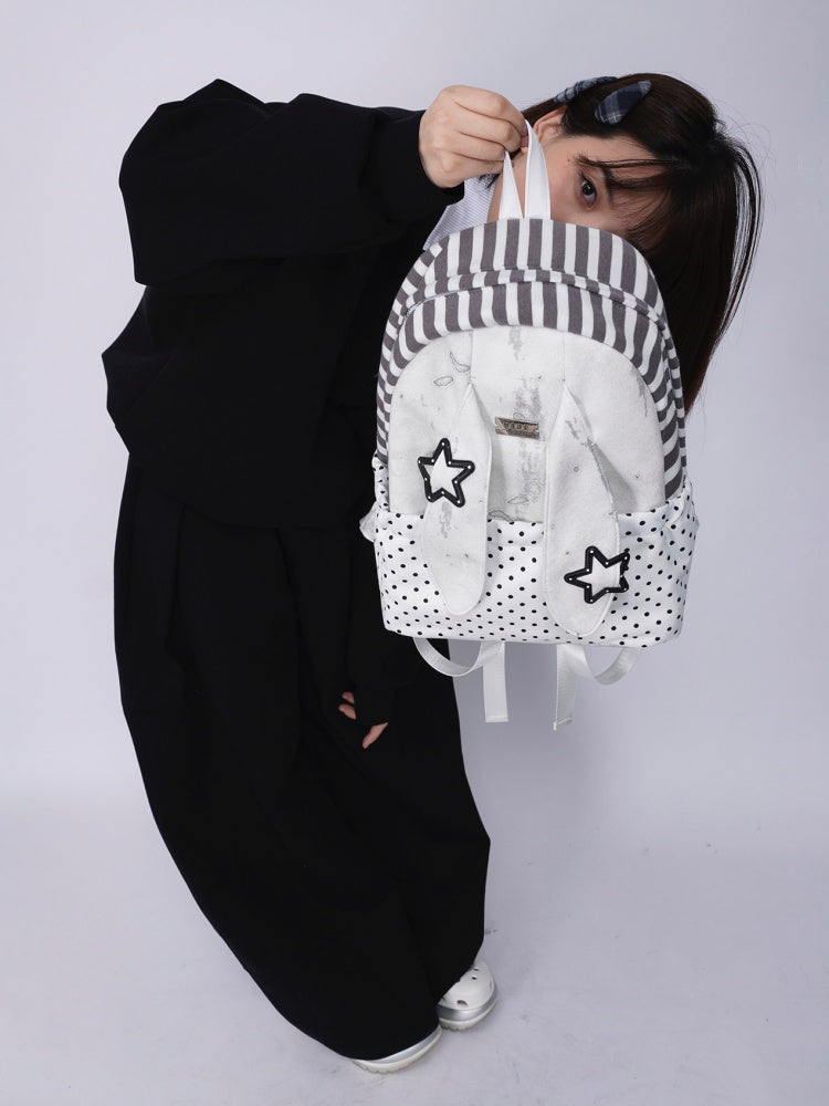 Rabbit Ear Dot Stripe Patchwork Backpack Schoolbag【s0000015975】
