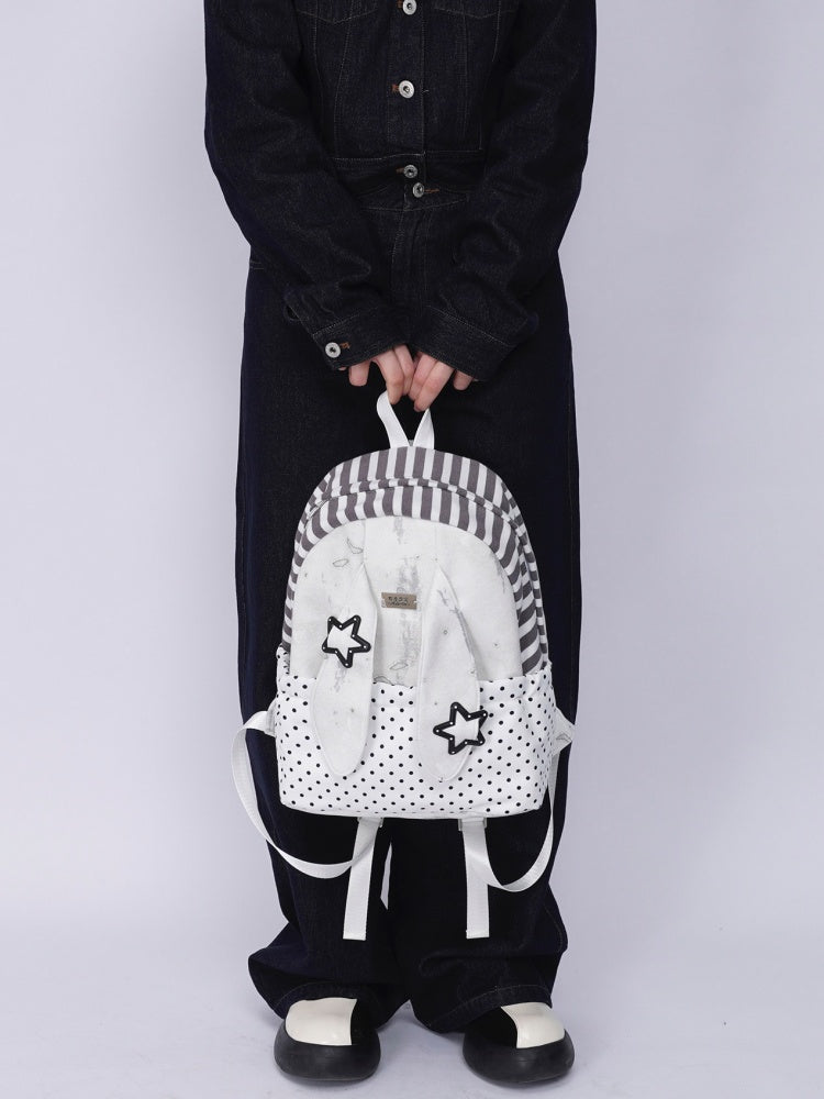 Rabbit Ear Dot Stripe Patchwork Backpack Schoolbag【s0000015975】