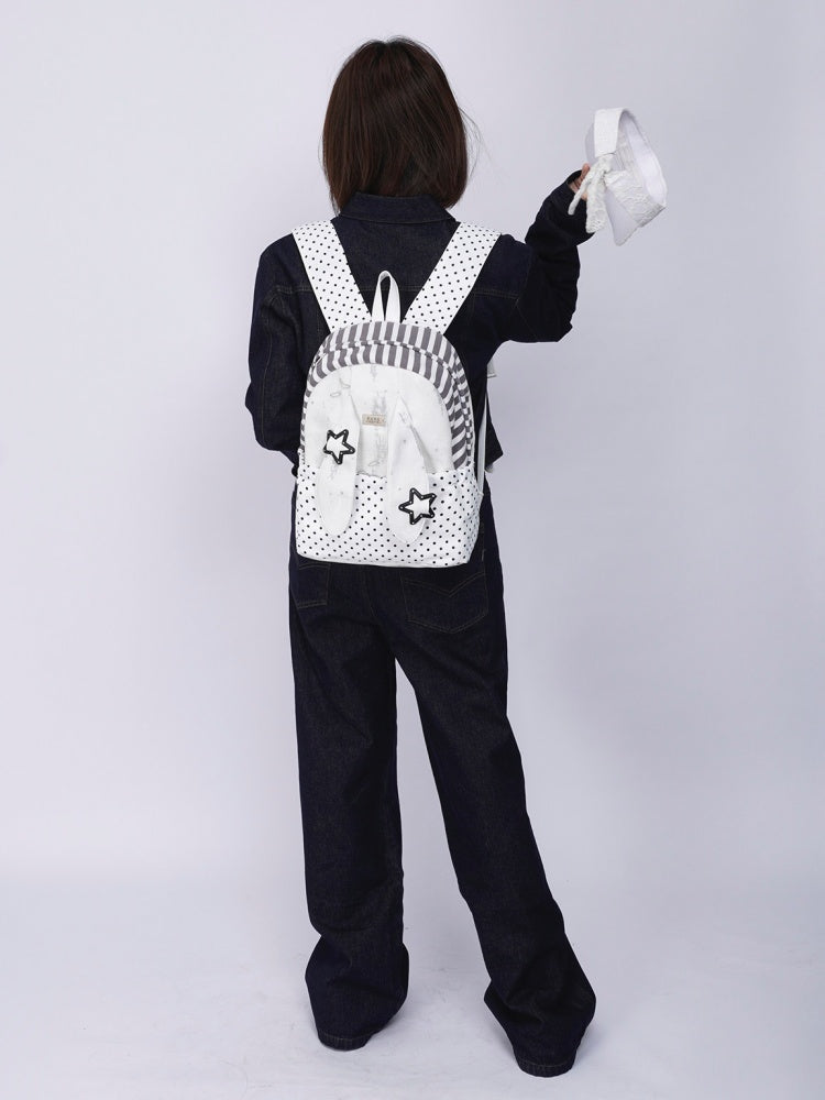 Rabbit Ear Dot Stripe Patchwork Backpack Schoolbag【s0000015975】