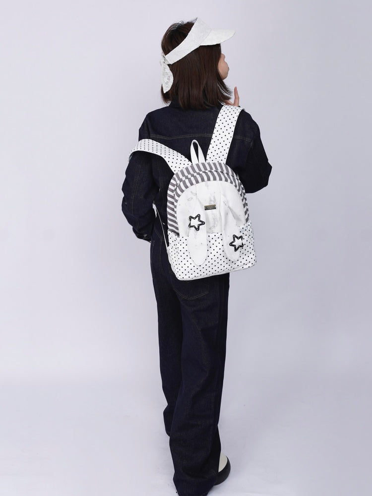 Rabbit Ear Dot Stripe Patchwork Backpack Schoolbag【s0000015975】