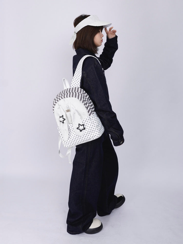 Rabbit Ear Dot Stripe Patchwork Backpack Schoolbag【s0000015975】
