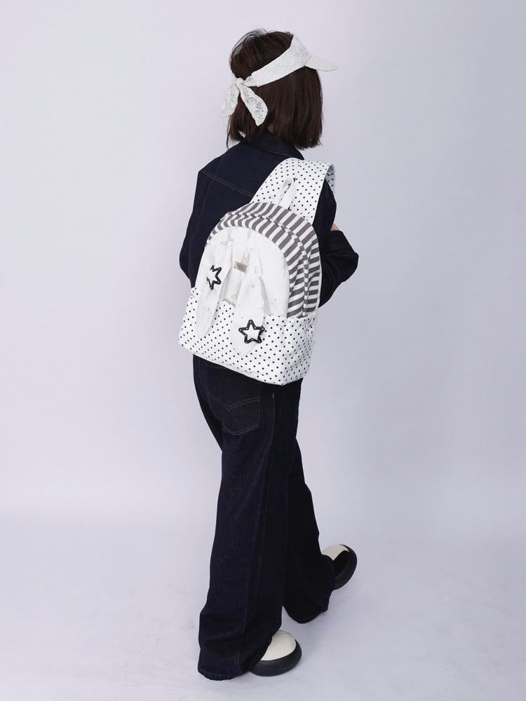 Rabbit Ear Dot Stripe Patchwork Backpack Schoolbag【s0000015975】