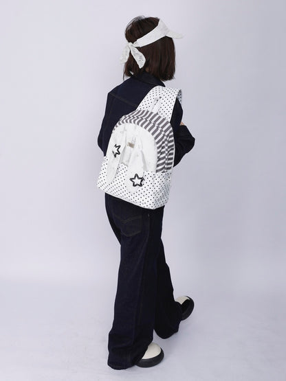 Rabbit Ear Dot Stripe Patchwork Backpack Schoolbag【s0000015975】