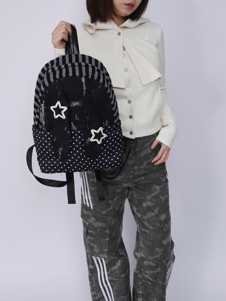 Rabbit Ear Dot Stripe Patchwork Backpack Schoolbag【s0000015975】