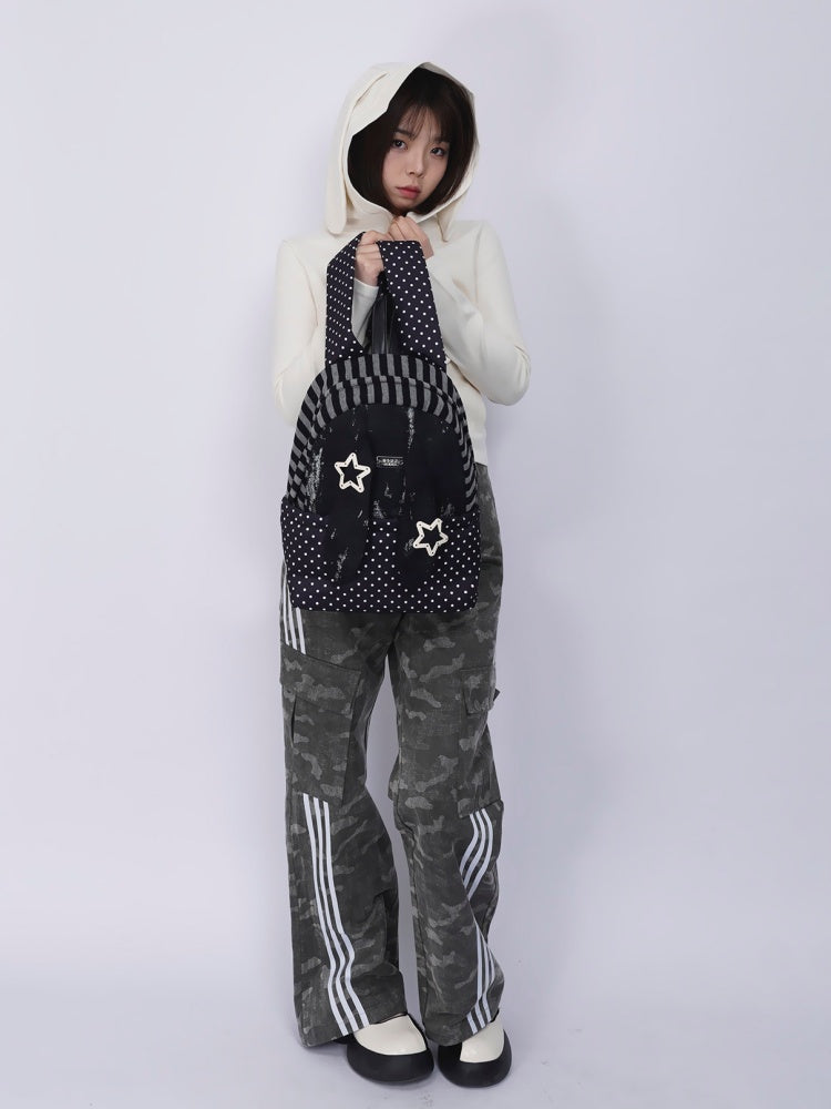 Rabbit Ear Dot Stripe Patchwork Backpack Schoolbag【s0000015975】
