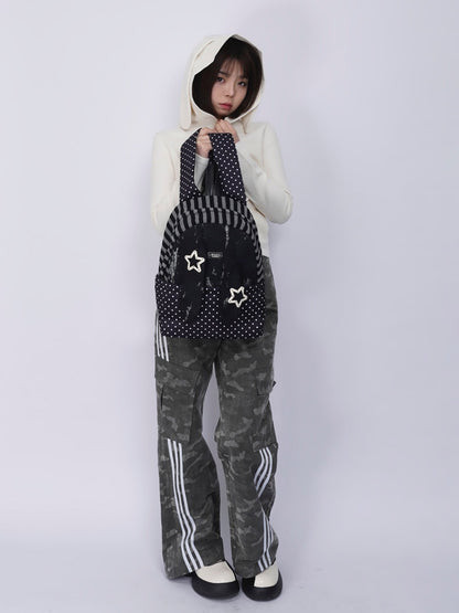 Rabbit Ear Dot Stripe Patchwork Backpack Schoolbag【s0000015975】