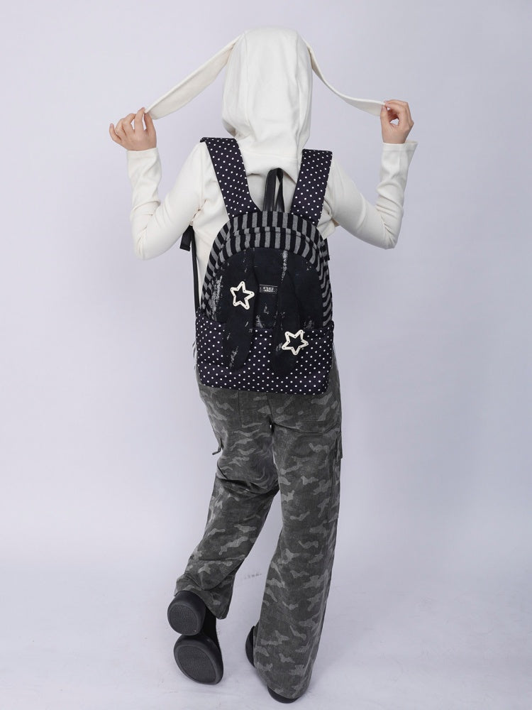 Rabbit Ear Dot Stripe Patchwork Backpack Schoolbag【s0000015975】