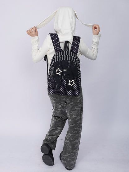 Rabbit Ear Dot Stripe Patchwork Backpack Schoolbag【s0000015975】