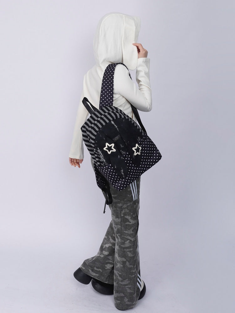 Rabbit Ear Dot Stripe Patchwork Backpack Schoolbag【s0000015975】