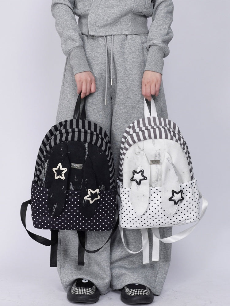 Rabbit Ear Dot Stripe Patchwork Backpack Schoolbag【s0000015975】