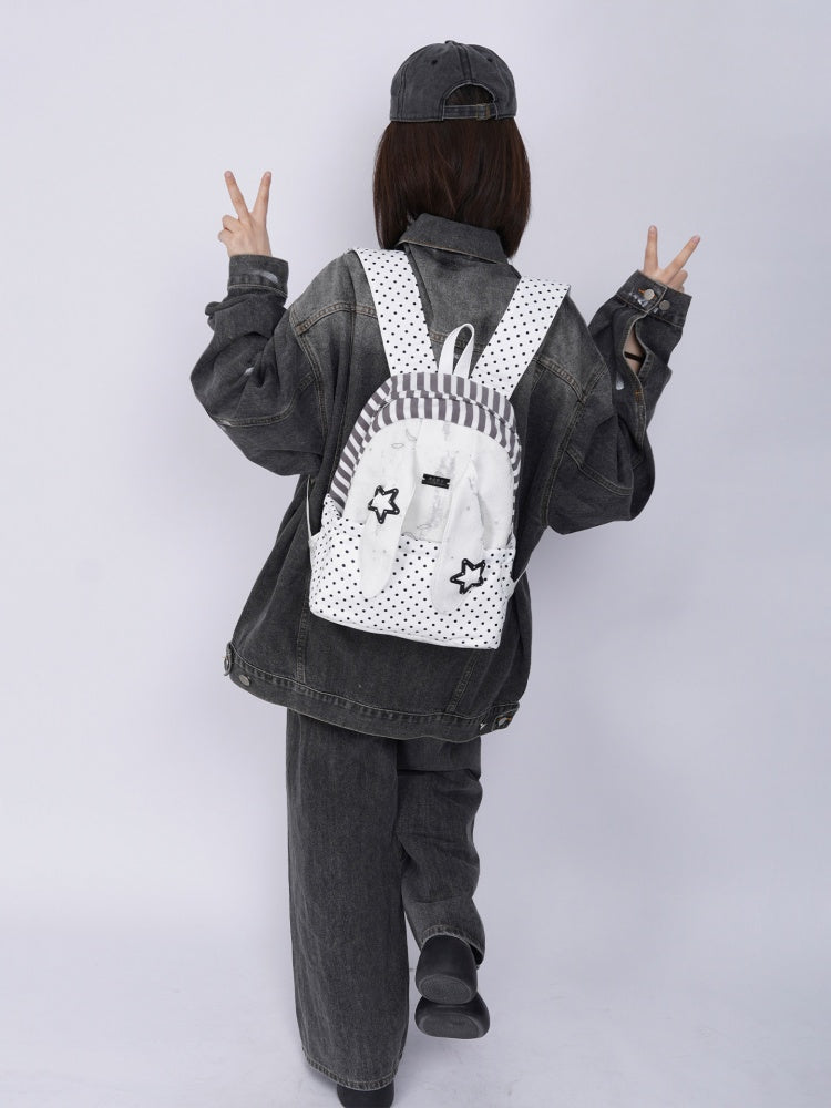 Rabbit Ear Dot Stripe Patchwork Backpack Schoolbag【s0000015975】