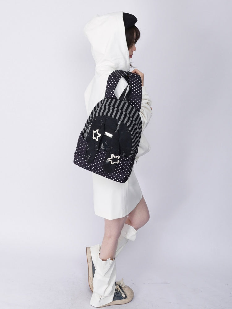 Rabbit Ear Dot Stripe Patchwork Backpack Schoolbag【s0000015975】
