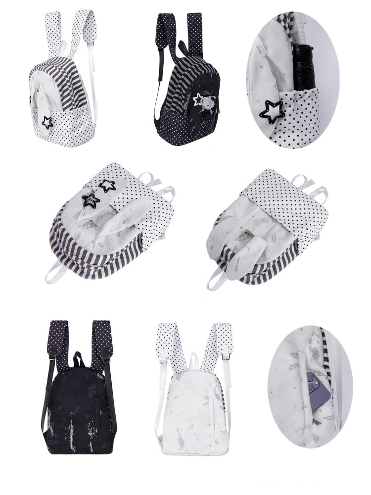 Rabbit Ear Dot Stripe Patchwork Backpack Schoolbag【s0000015975】
