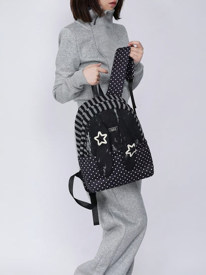 Rabbit Ear Dot Stripe Patchwork Backpack Schoolbag【s0000015975】