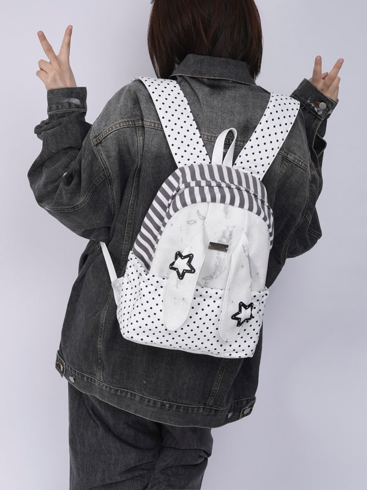 Rabbit Ear Dot Stripe Patchwork Backpack Schoolbag【s0000015975】