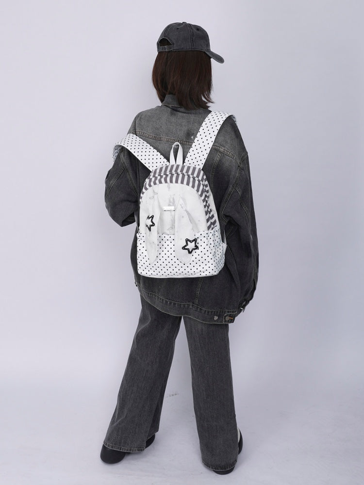 Rabbit Ear Dot Stripe Patchwork Backpack Schoolbag【s0000015975】