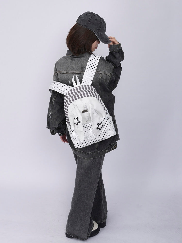 Rabbit Ear Dot Stripe Patchwork Backpack Schoolbag【s0000015975】