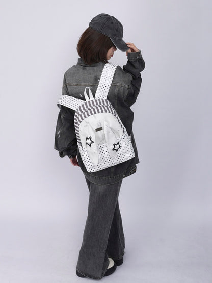 Rabbit Ear Dot Stripe Patchwork Backpack Schoolbag【s0000015975】