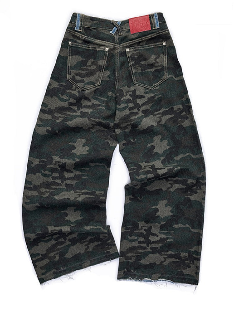 Double-Faced Camouflage Patchwork Denim Low-Rise Straight-Leg Pants【s0000015988】