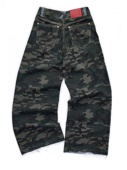 Double-Faced Camouflage Patchwork Denim Low-Rise Straight-Leg Pants【s0000015988】