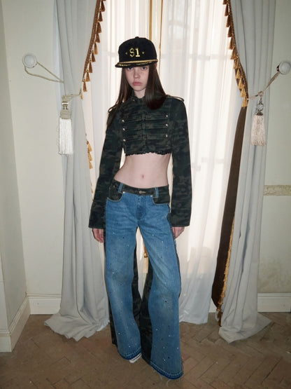 Double-Faced Camouflage Patchwork Denim Low-Rise Straight-Leg Pants【s0000015988】
