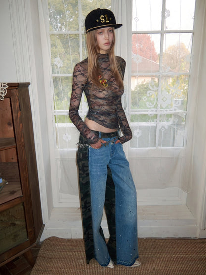 Double-Faced Camouflage Patchwork Denim Low-Rise Straight-Leg Pants【s0000015988】