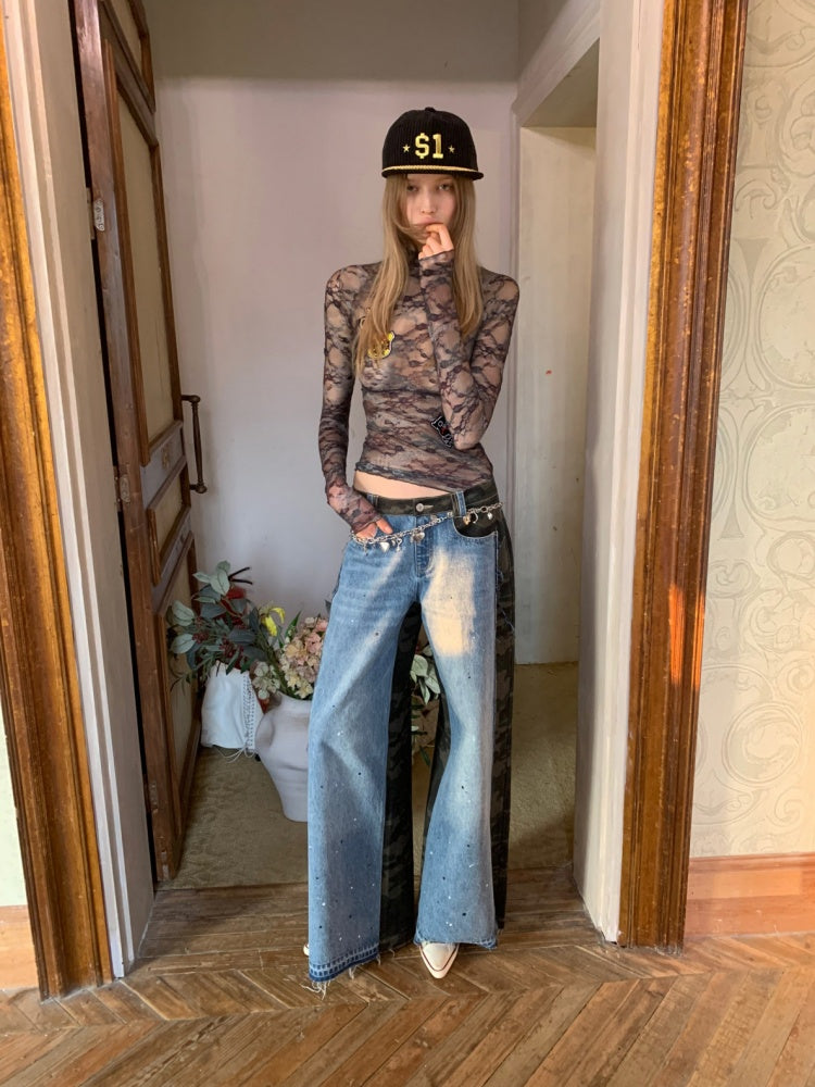 Double-Faced Camouflage Patchwork Denim Low-Rise Straight-Leg Pants【s0000015988】