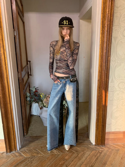 Double-Faced Camouflage Patchwork Denim Low-Rise Straight-Leg Pants【s0000015988】