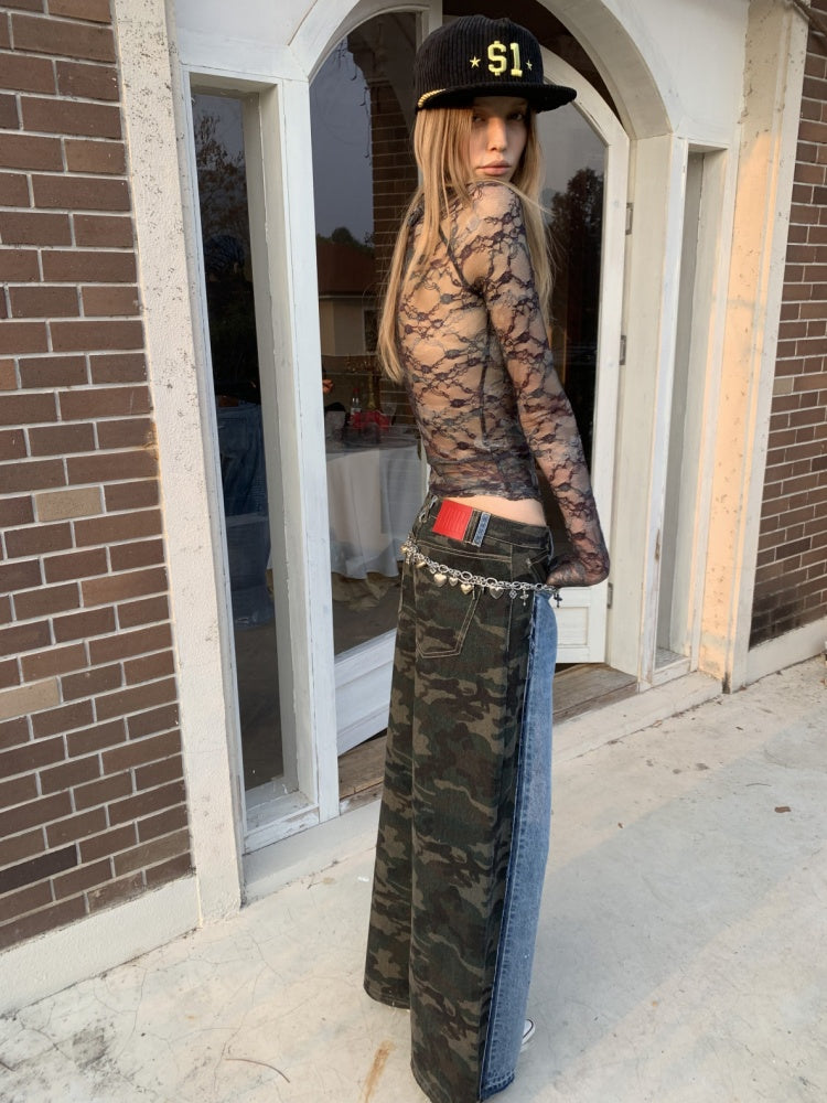 Double-Faced Camouflage Patchwork Denim Low-Rise Straight-Leg Pants【s0000015988】