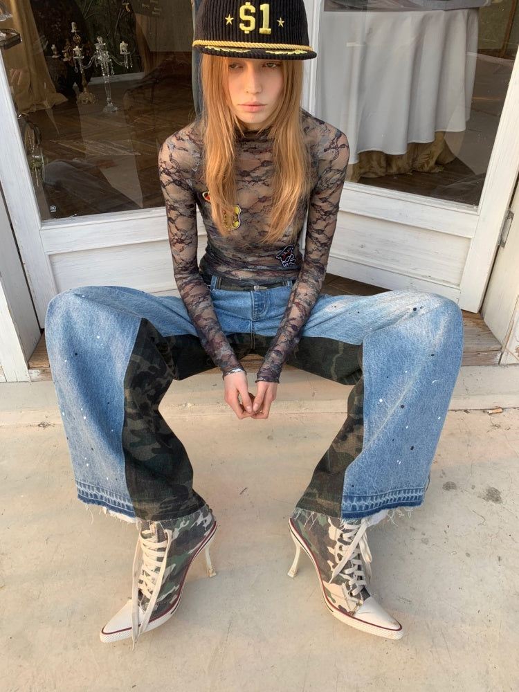 Double-Faced Camouflage Patchwork Denim Low-Rise Straight-Leg Pants【s0000015988】
