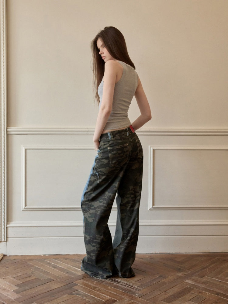 Double-Faced Camouflage Patchwork Denim Low-Rise Straight-Leg Pants【s0000015988】