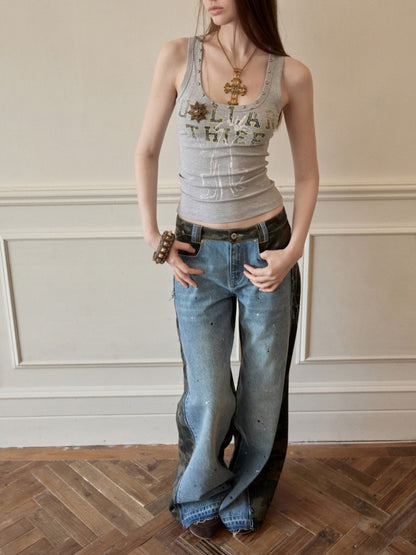 Double-Faced Camouflage Patchwork Denim Low-Rise Straight-Leg Pants【s0000015988】